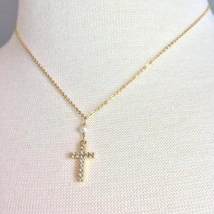 Tiny White Pearl CZ Cross Necklace — Gold